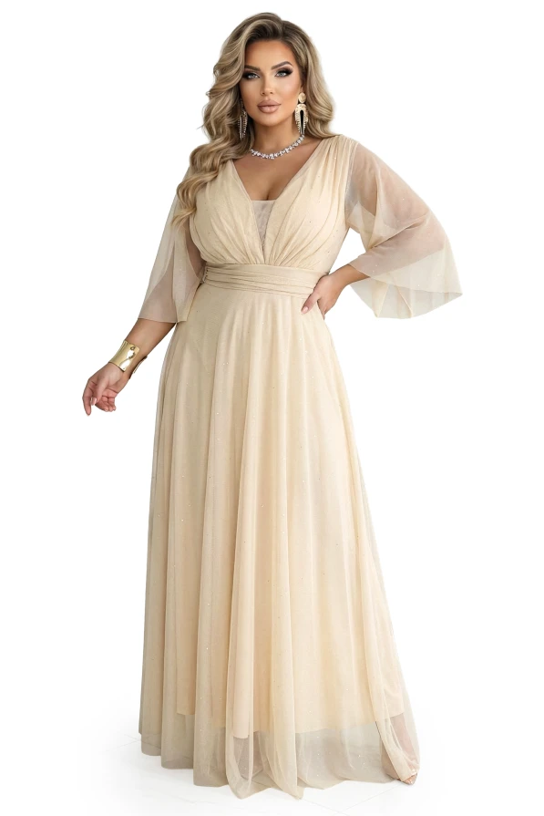 Numoco Basic plus size maxi dress in champagne beige with glitter, envelope V-neck and sheer sleeves, wedding styling.