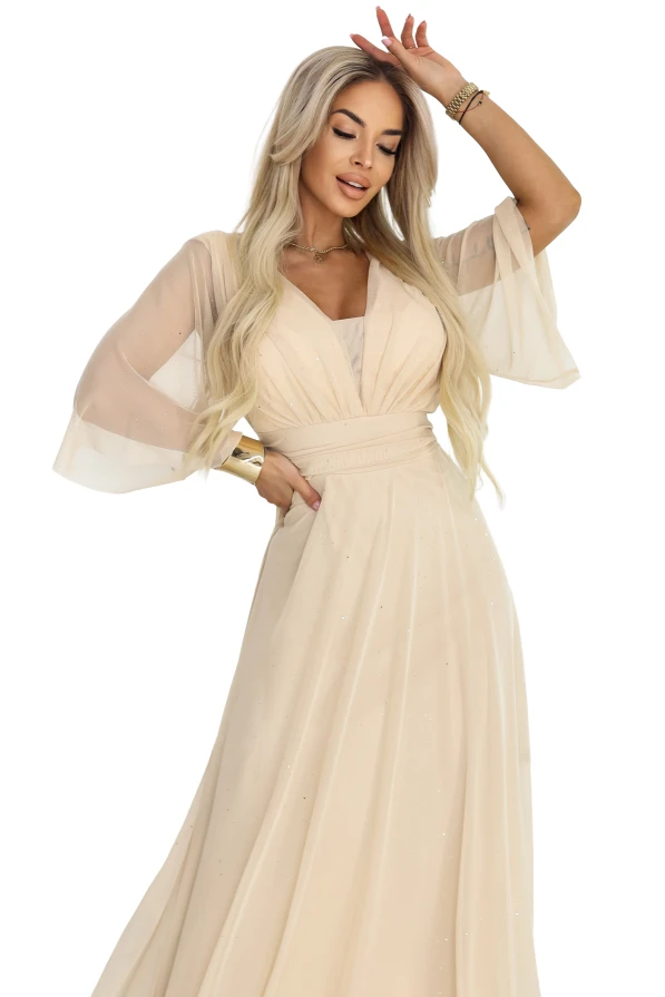 Numoco Basic plus size maxi dress in champagne beige with glitter, envelope V-neck and sheer sleeves, wedding styling.