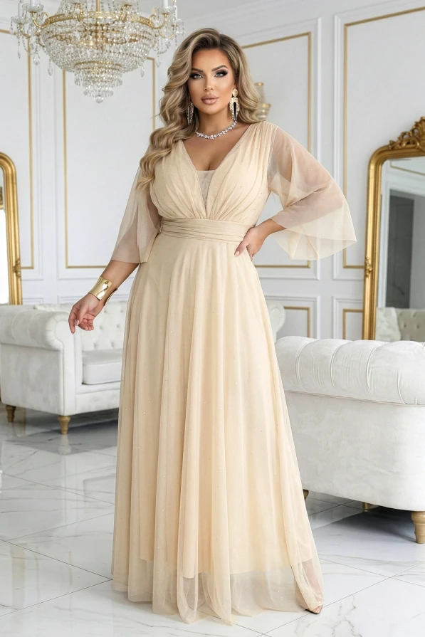 Numoco Basic plus size maxi dress in champagne beige with glitter, envelope V-neck and sheer sleeves, wedding styling.
