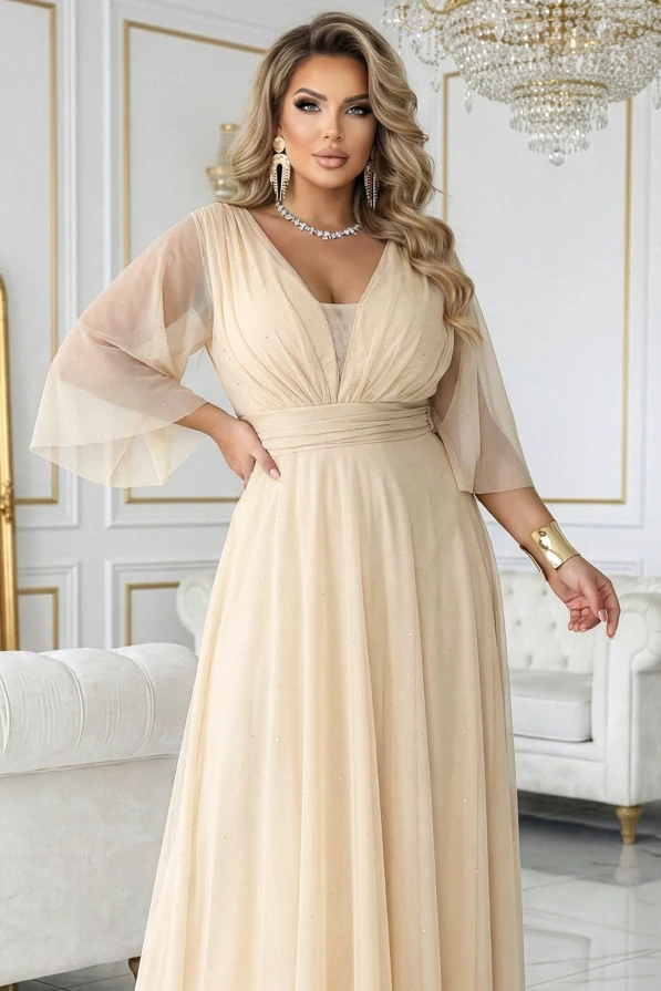 Numoco Basic plus size maxi dress in champagne beige with glitter, envelope V-neck and sheer sleeves, wedding styling.